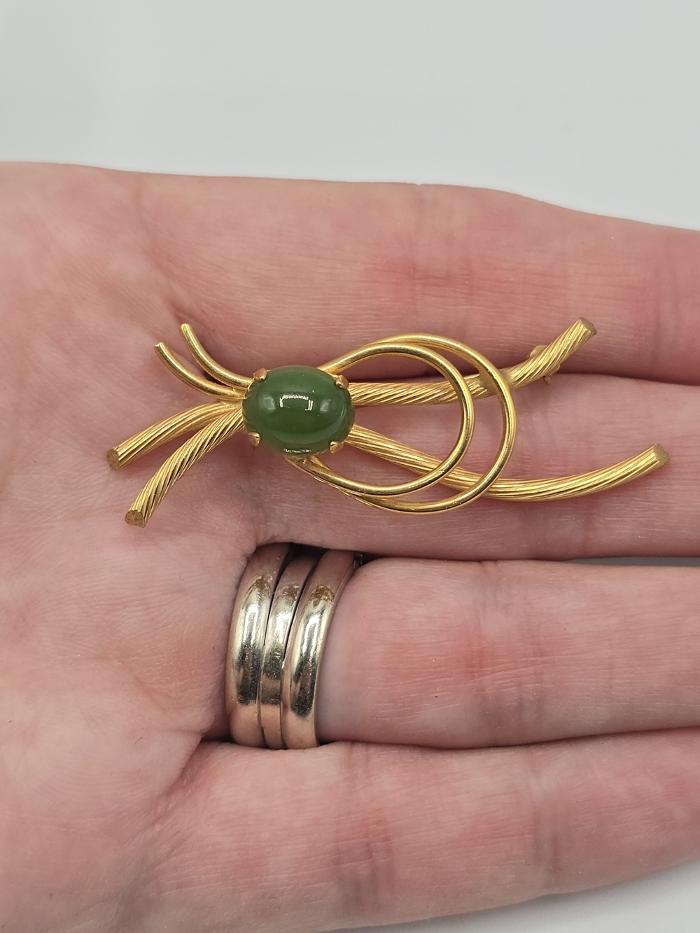 VTG Janice 12K Gold Filled Green Glass Cabochon Brooch Modernist Abstract Pin 2"